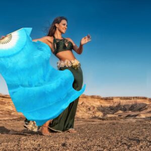 WEISIPU Hand-Made Faux Silk Belly Dance Fan Veils - Bamboo Long Fans Veils Available in 8 Stunning Colors for Dance Performances Right Hand （Blue）