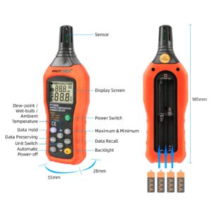 Protmex PT6508 Temperature Humidity Meter, Digital Thermometer Hygrometer Monitor with Ambient, Dew Point, Wet Bulb for Indoor/Outdoor MIN, MAX, Data Hold, LCD Backlight