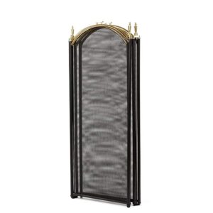 AMAGABELI GARDEN & HOME Decorative Gold Fireplace Screen 4 Panel Folding Ornate Wrought Iron Black Metal Fire Place Free Standing Gate Large Mesh Solid Steel Spark Guard Cover Outdoor Accessories