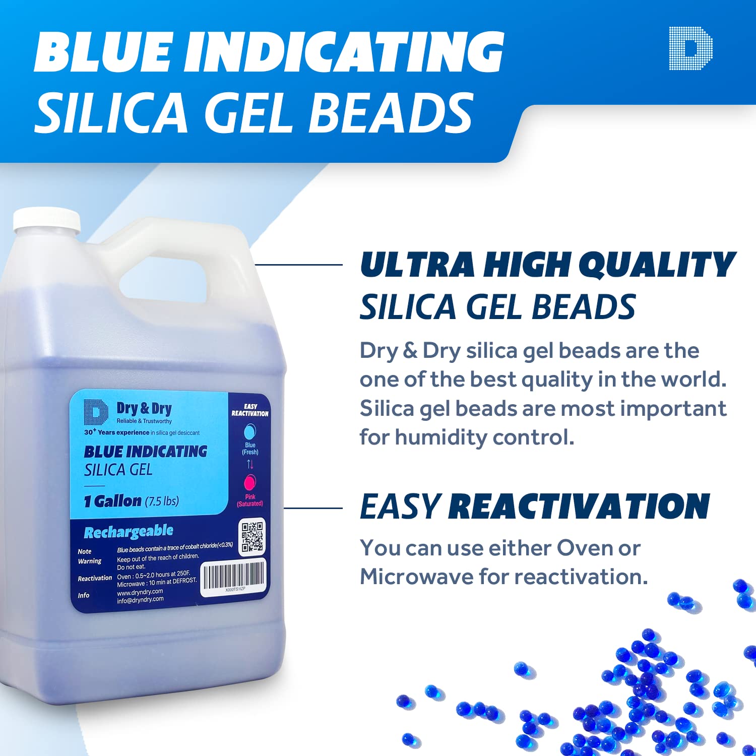 Dry & Dry [7.5 LBS] Blue Indicating Silica Gel Beads(Industry Standard 3-5 mm) - Reusable Desiccant Beads Silica Beads(Blue to Pink)