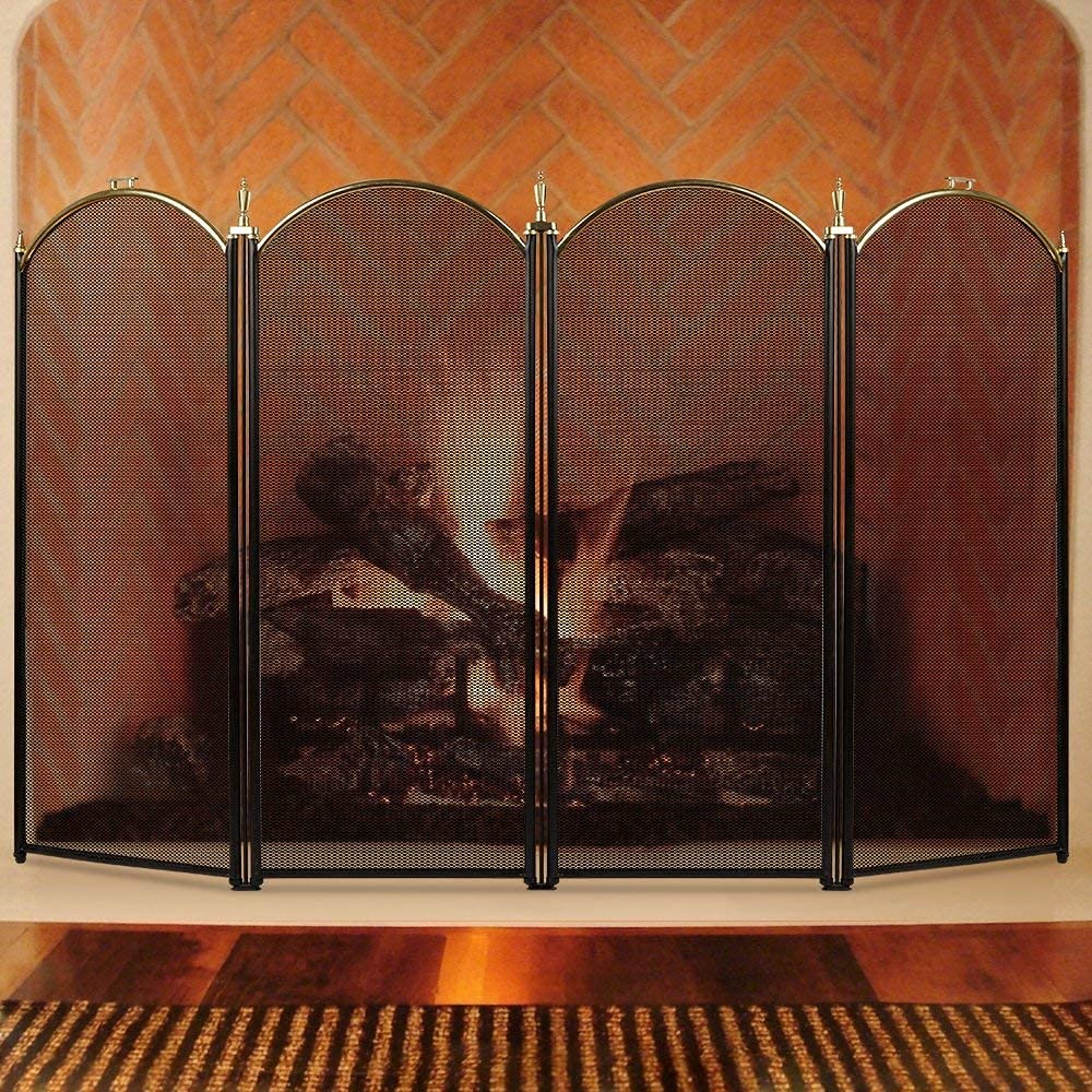 AMAGABELI GARDEN & HOME Decorative Gold Fireplace Screen 4 Panel Folding Ornate Wrought Iron Black Metal Fire Place Free Standing Gate Large Mesh Solid Steel Spark Guard Cover Outdoor Accessories