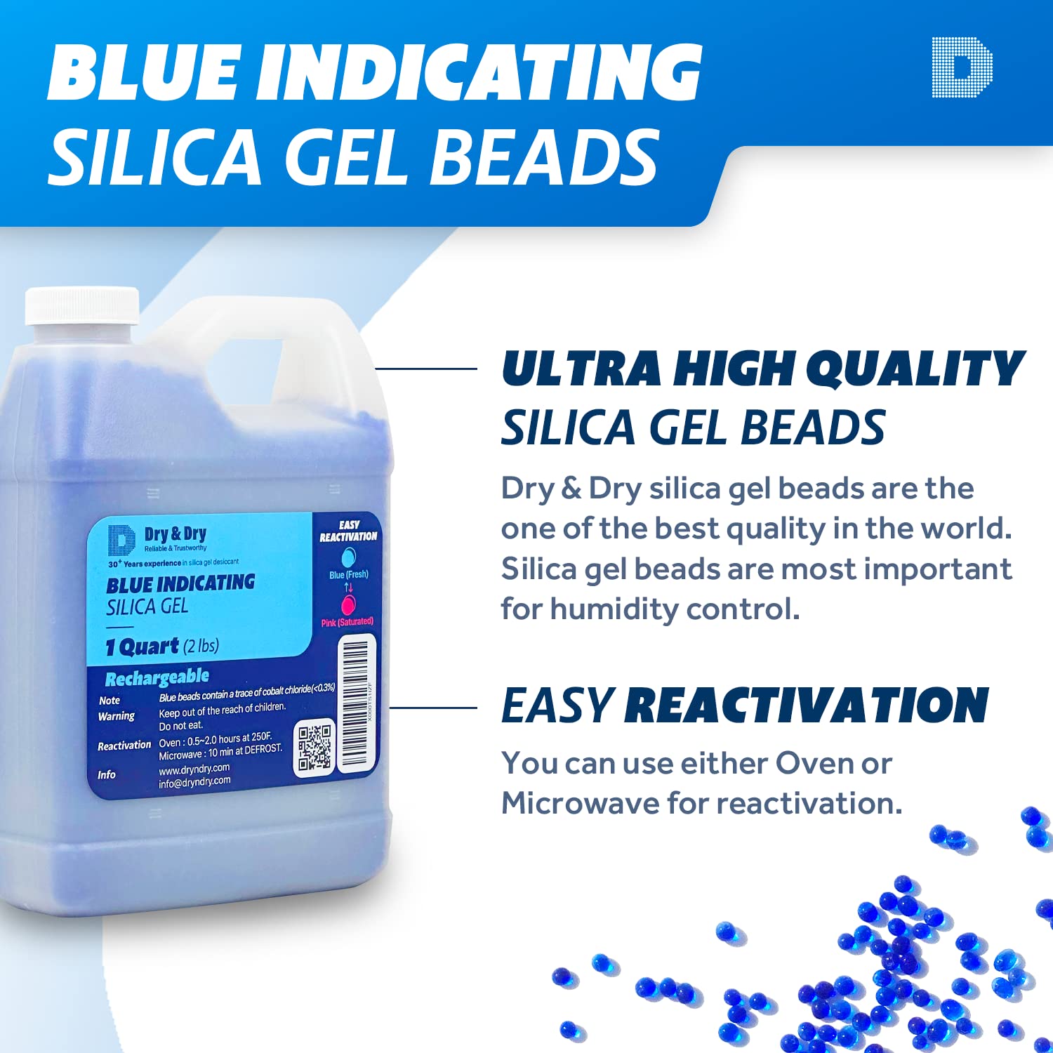 Dry & Dry [2 LBS] Blue Indicating Silica Gel Beads Desiccants (Industry Standard 3-5 mm) - Reusable Desiccant Beads Silica Beads(Blue to Pink)