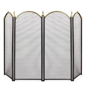 AMAGABELI GARDEN & HOME Decorative Gold Fireplace Screen 4 Panel Folding Ornate Wrought Iron Black Metal Fire Place Free Standing Gate Large Mesh Solid Steel Spark Guard Cover Outdoor Accessories