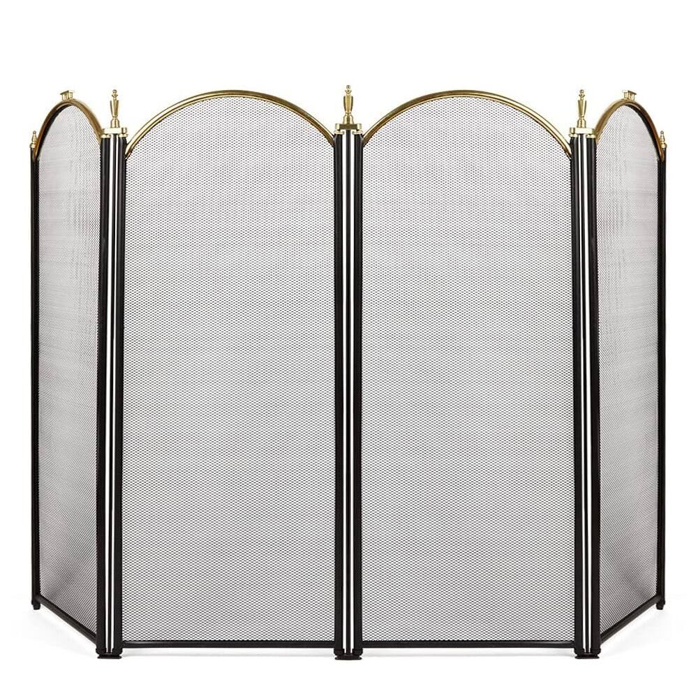 AMAGABELI GARDEN & HOME Decorative Gold Fireplace Screen 4 Panel Folding Ornate Wrought Iron Black Metal Fire Place Free Standing Gate Large Mesh Solid Steel Spark Guard Cover Outdoor Accessories