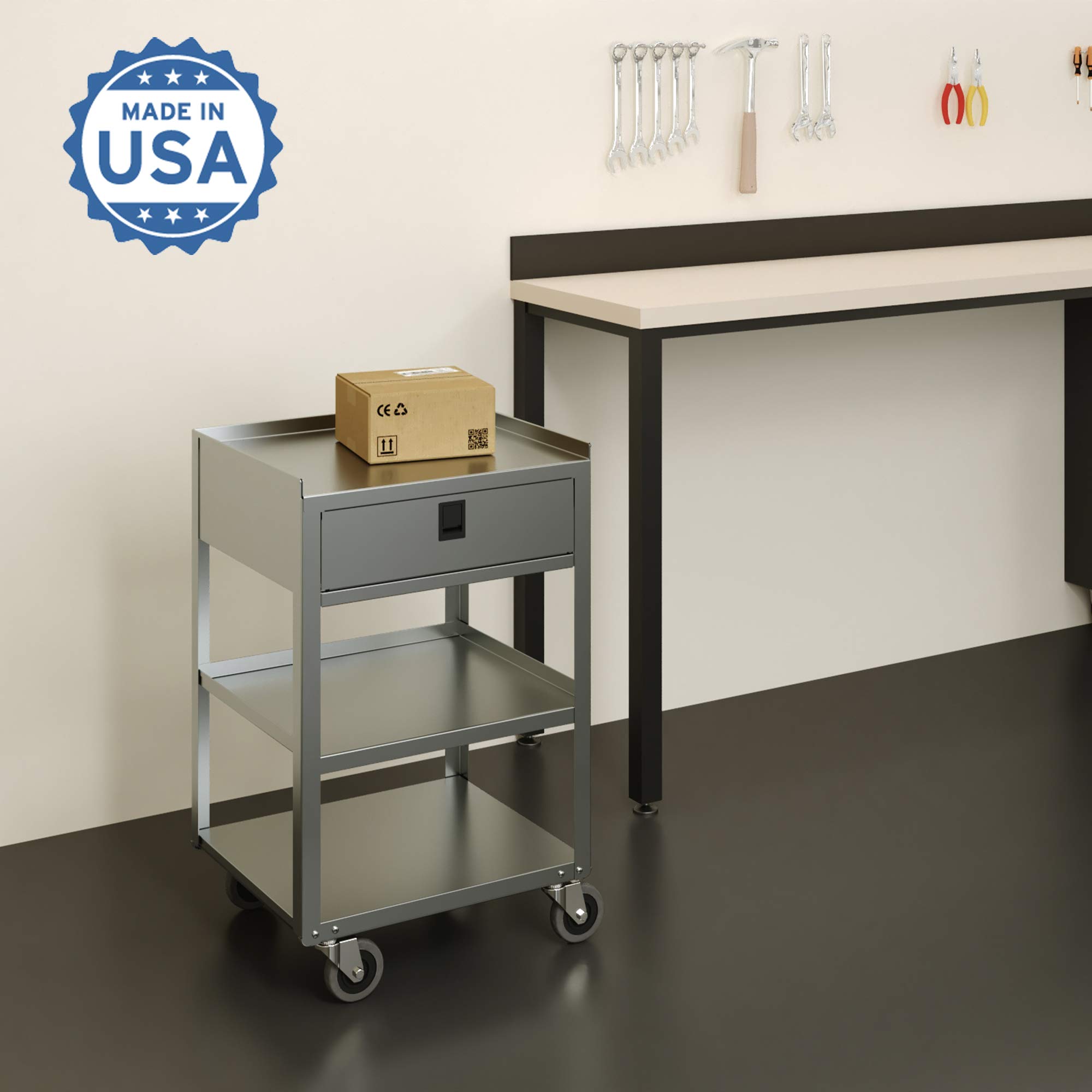 Lakeside Manufacturing 356 Mobile Equipment Stand, Stainless Steel, 3 Shelves and 1 Drawer, 300 lb. Capacity (Fully Assembled)