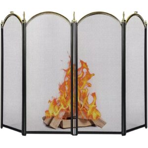 AMAGABELI GARDEN & HOME Decorative Gold Fireplace Screen 4 Panel Folding Ornate Wrought Iron Black Metal Fire Place Free Standing Gate Large Mesh Solid Steel Spark Guard Cover Outdoor Accessories