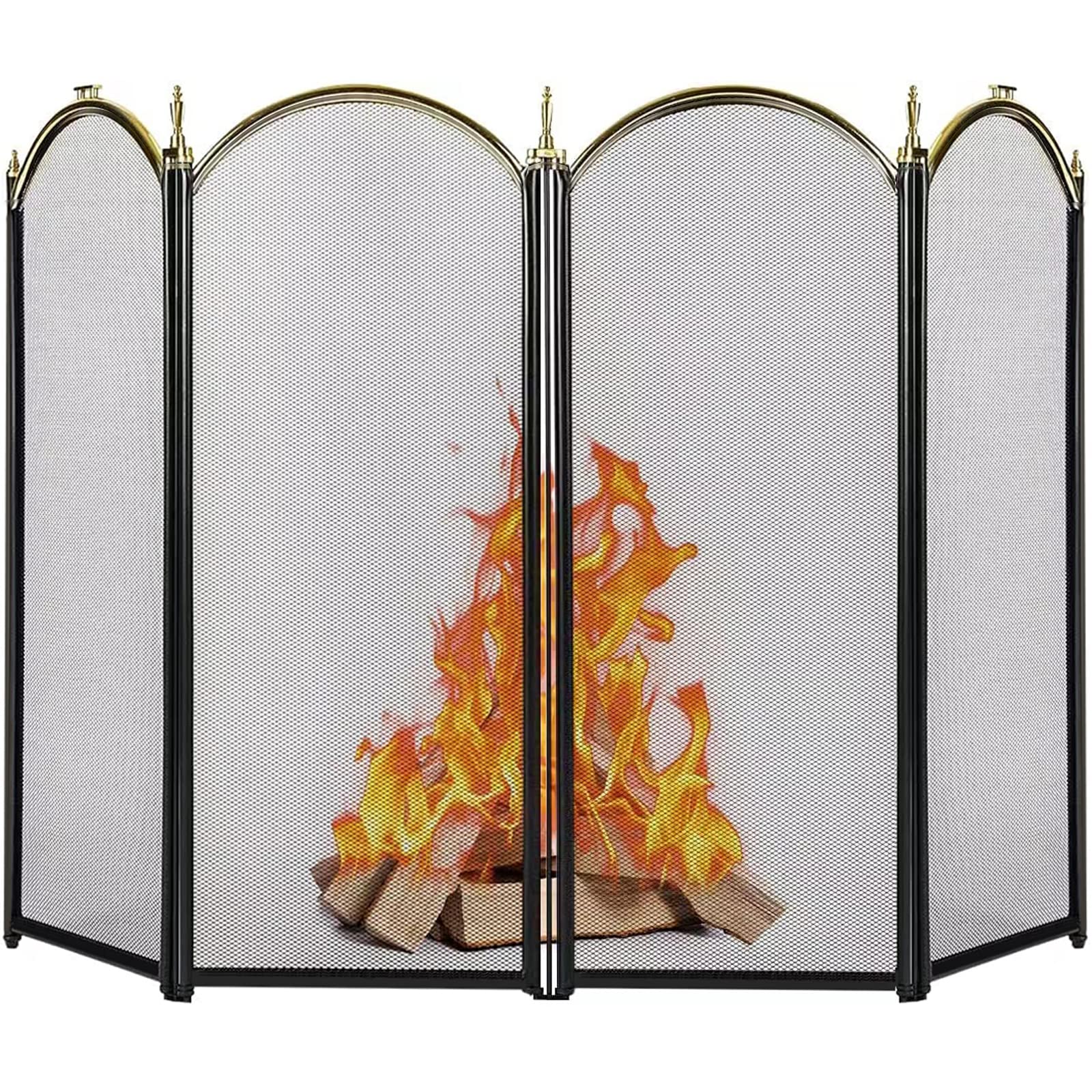 AMAGABELI GARDEN & HOME Decorative Gold Fireplace Screen 4 Panel Folding Ornate Wrought Iron Black Metal Fire Place Free Standing Gate Large Mesh Solid Steel Spark Guard Cover Outdoor Accessories