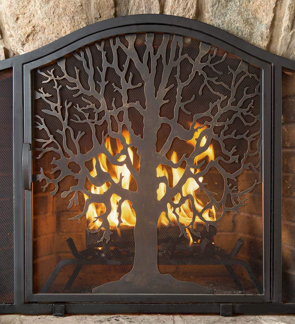 Plow & Hearth Metal Fireplace Screen Tree of Life Black | 44" W x 33" H | Flatguard | Spark Guard Grate | Iron Fire Place Cover | Wood Stove Accessories