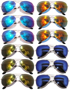 owl wholesale 12 pack aviator gold frame sunglasses full color mirror lens blue, blue-green, red, yellow uv400