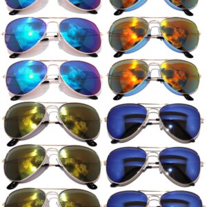 OWL Wholesale 12 Pack Aviator Gold Frame Sunglasses Full Color Mirror Lens Blue, Blue-Green, Red, Yellow UV400