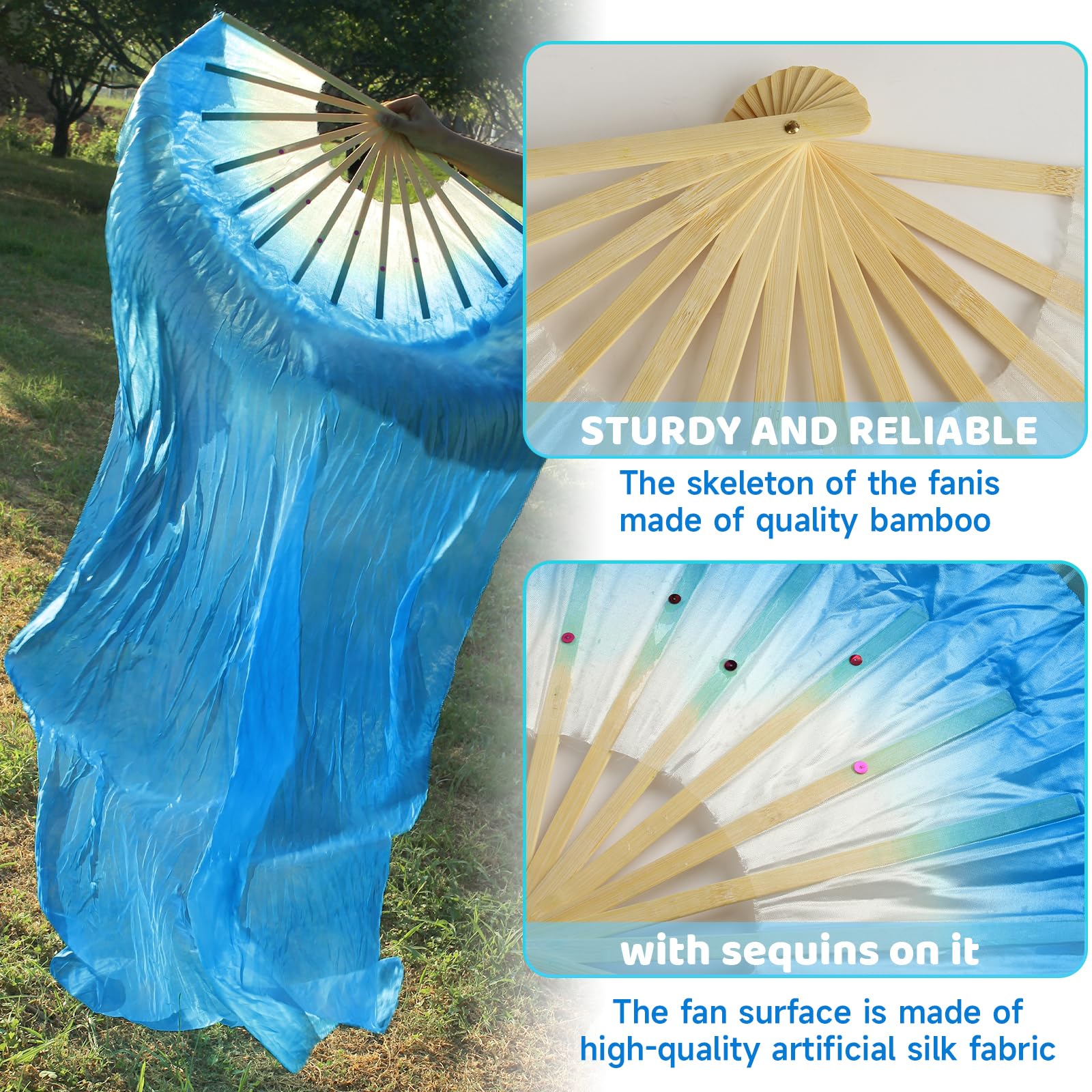 WEISIPU Hand-Made Faux Silk Belly Dance Fan Veils - Bamboo Long Fans Veils Available in 8 Stunning Colors for Dance Performances Right Hand （Blue）