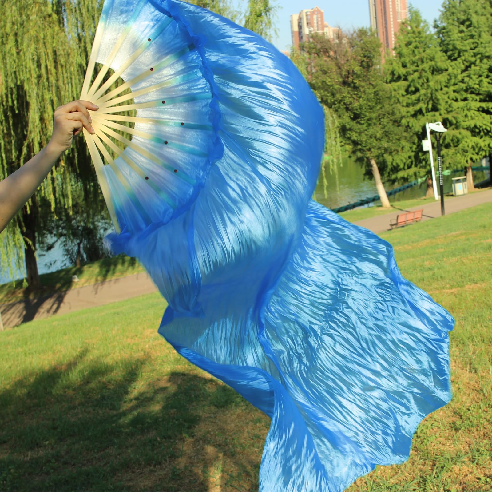 WEISIPU Hand-Made Faux Silk Belly Dance Fan Veils - Bamboo Long Fans Veils Available in 8 Stunning Colors for Dance Performances Right Hand （Blue）