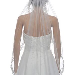 SAMKY 1T 1 Tier Flower Scallop Embroided Lace Pearl Veil - White Fingertip Length 36" V466