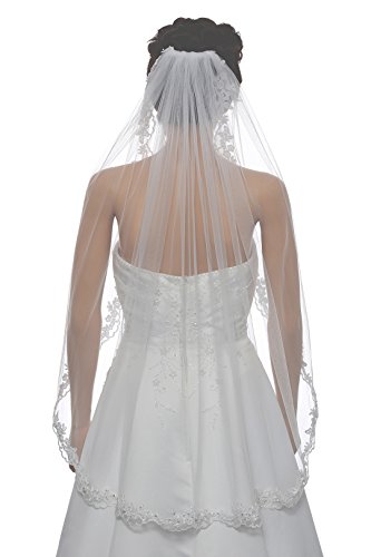 SAMKY 1T 1 Tier Flower Scallop Embroided Lace Pearl Veil - White Fingertip Length 36" V466