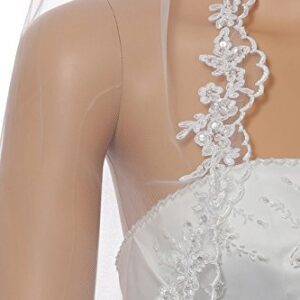 SAMKY 1T 1 Tier Flower Scallop Embroided Lace Pearl Veil - White Fingertip Length 36" V466