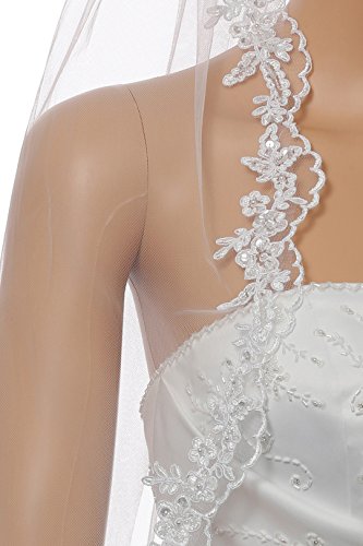 SAMKY 1T 1 Tier Flower Scallop Embroided Lace Pearl Veil - White Fingertip Length 36" V466