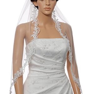 SAMKY 1T 1 Tier Flower Scallop Embroided Lace Pearl Veil - White Fingertip Length 36" V466