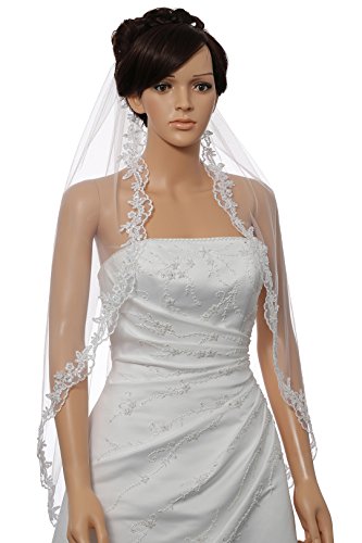 SAMKY 1T 1 Tier Flower Scallop Embroided Lace Pearl Veil - White Fingertip Length 36" V466