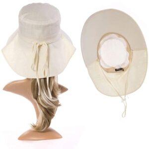 Packable Summer Flap Cover Cap Cotton UPF 50+ Sun Shade Hat with Neck Cord Wide Brim for Women Beige Medium 56-57cm