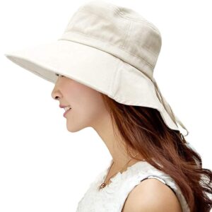 Packable Summer Flap Cover Cap Cotton UPF 50+ Sun Shade Hat with Neck Cord Wide Brim for Women Beige Medium 56-57cm