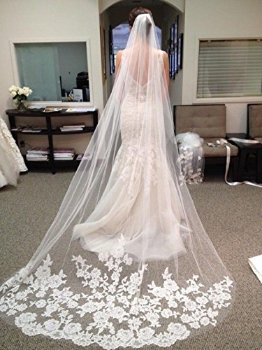 MisShow Ivory Lace Edge Cathedral Length Wedding Bridal Veil with Comb