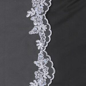 SAMKY 1T 1 Tier Flower Scallop Embroided Lace Pearl Veil - White Fingertip Length 36" V466