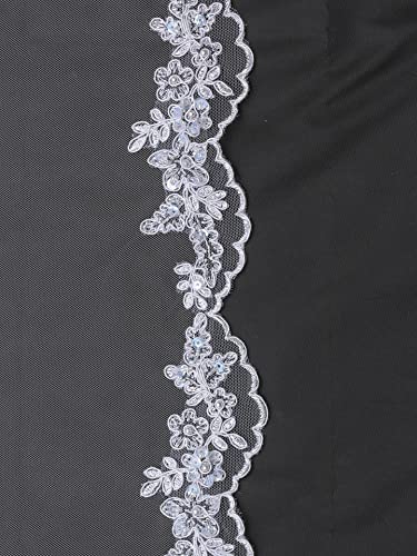 SAMKY 1T 1 Tier Flower Scallop Embroided Lace Pearl Veil - White Fingertip Length 36" V466