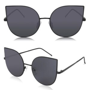 SOJOS Cat Eye Mirrored Flat Lenses Ultra Thin Light Metal Frame Women Sunglasses SJ1022 with Black Frame/Grey Lens