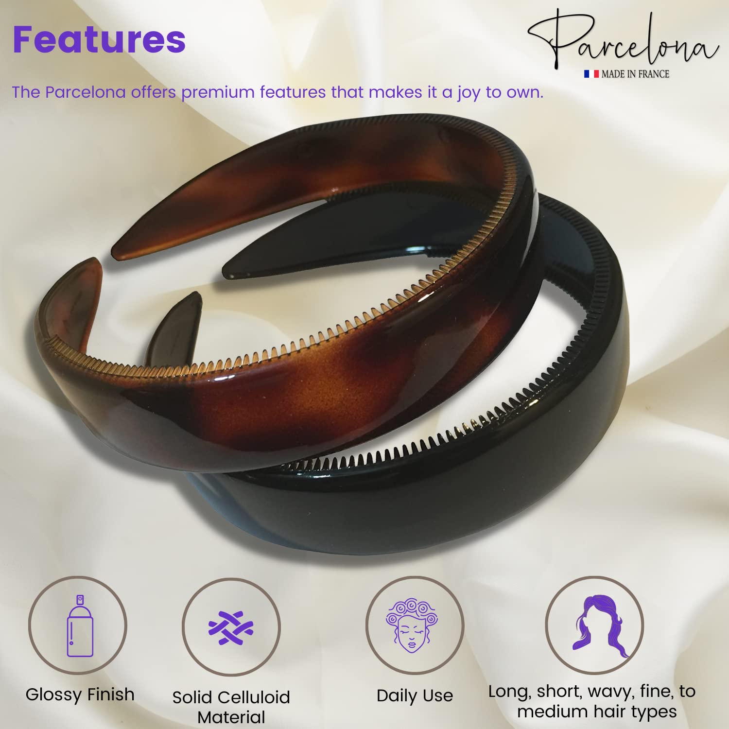 Parcelona French (Set of 2) Wide 1 Inch Tortoise Shell Brown and Black Hair Headbands with Inner Teeth Nibs