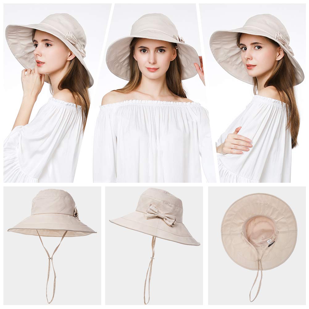 Womens Summer Bucket Boonie UPF 50+ Wide Brim Sun Hat Cord Cap Beach Accessories Beige