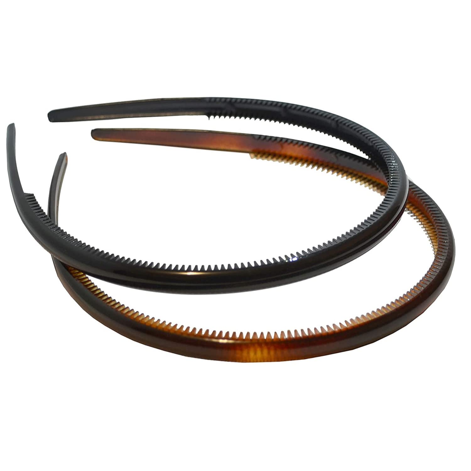 Parcelona French Thin Set of 2 Tortoise Shell Brown and Black Comb Hair Headbands with Inner Teeth Nibs