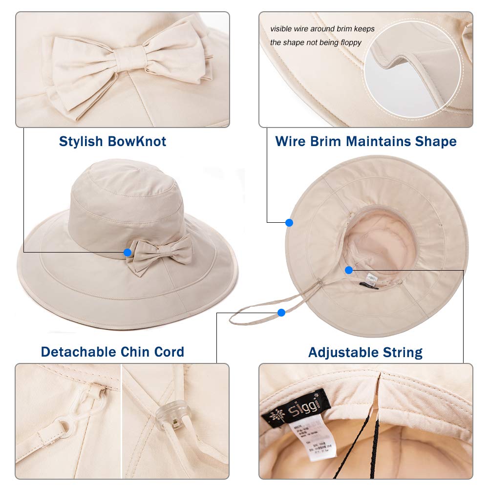 Womens Summer Bucket Boonie UPF 50+ Wide Brim Sun Hat Cord Cap Beach Accessories Beige