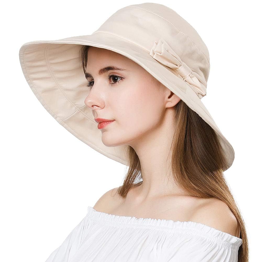 Womens Summer Bucket Boonie UPF 50+ Wide Brim Sun Hat Cord Cap Beach Accessories Beige