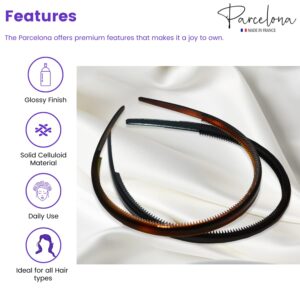 Parcelona French Thin Set of 2 Tortoise Shell Brown and Black Comb Hair Headbands with Inner Teeth Nibs