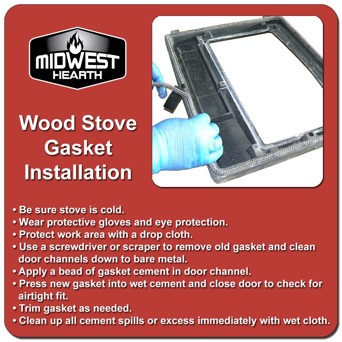 Midwest Hearth Wood Stove Replacement Gasket Kit for Woodburning Stoves - Graphite Impregnated Fiberglass Gaskets and Adhesive (3/4" x 84" Rope)