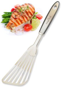 fish spatula – adeptchef stainless steel, slotted turner – thin-edged design ideal for turning & flipping to enhance frying & grilling – sturdy handle, multi-purpose – buy yours today!