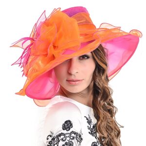 ladies kentucky derby church hat wide brim leaf flower bridal dress hat s037, rose&orange, medium