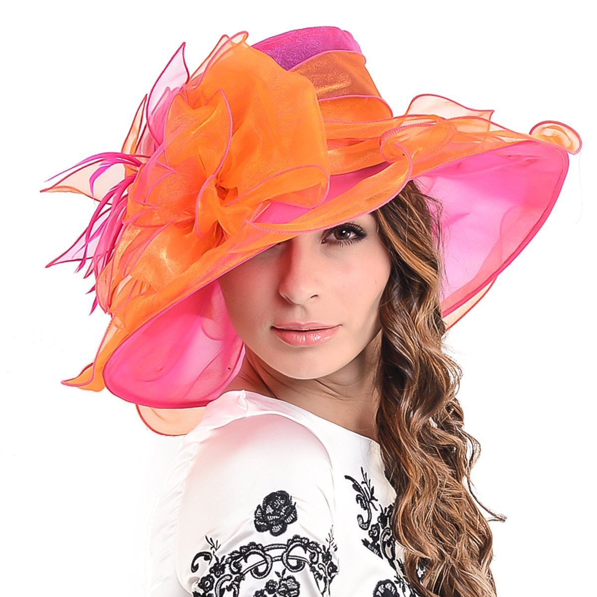 Ladies Kentucky Derby Church Hat Wide Brim Leaf Flower Bridal Dress Hat s037, Rose&orange, Medium