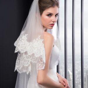 EllieHouse Chapel Length 2 Tier Sequin Lace Wedding Bridal Veil for Bride White