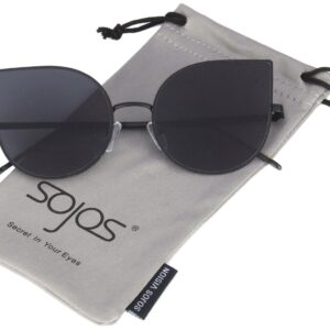 SOJOS Cat Eye Mirrored Flat Lenses Ultra Thin Light Metal Frame Women Sunglasses SJ1022 with Black Frame/Grey Lens