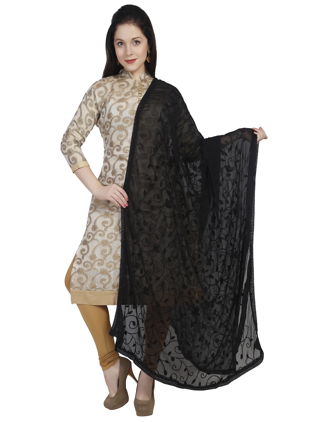 DUPATTA BAZAAR Woman's Embroidered Black Chiffon Dupatta with Lace Border