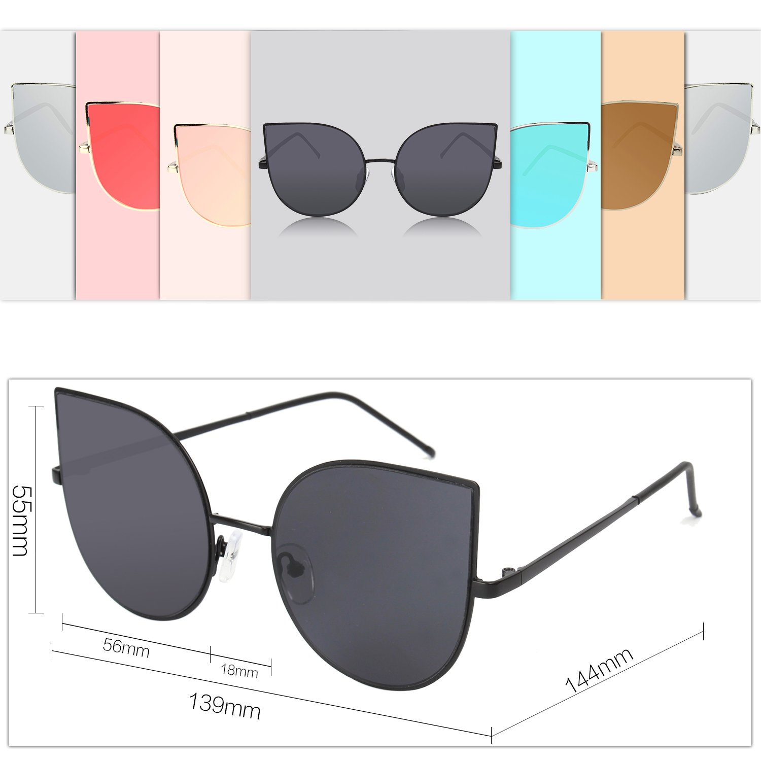 SOJOS Cat Eye Mirrored Flat Lenses Ultra Thin Light Metal Frame Women Sunglasses SJ1022 with Black Frame/Grey Lens