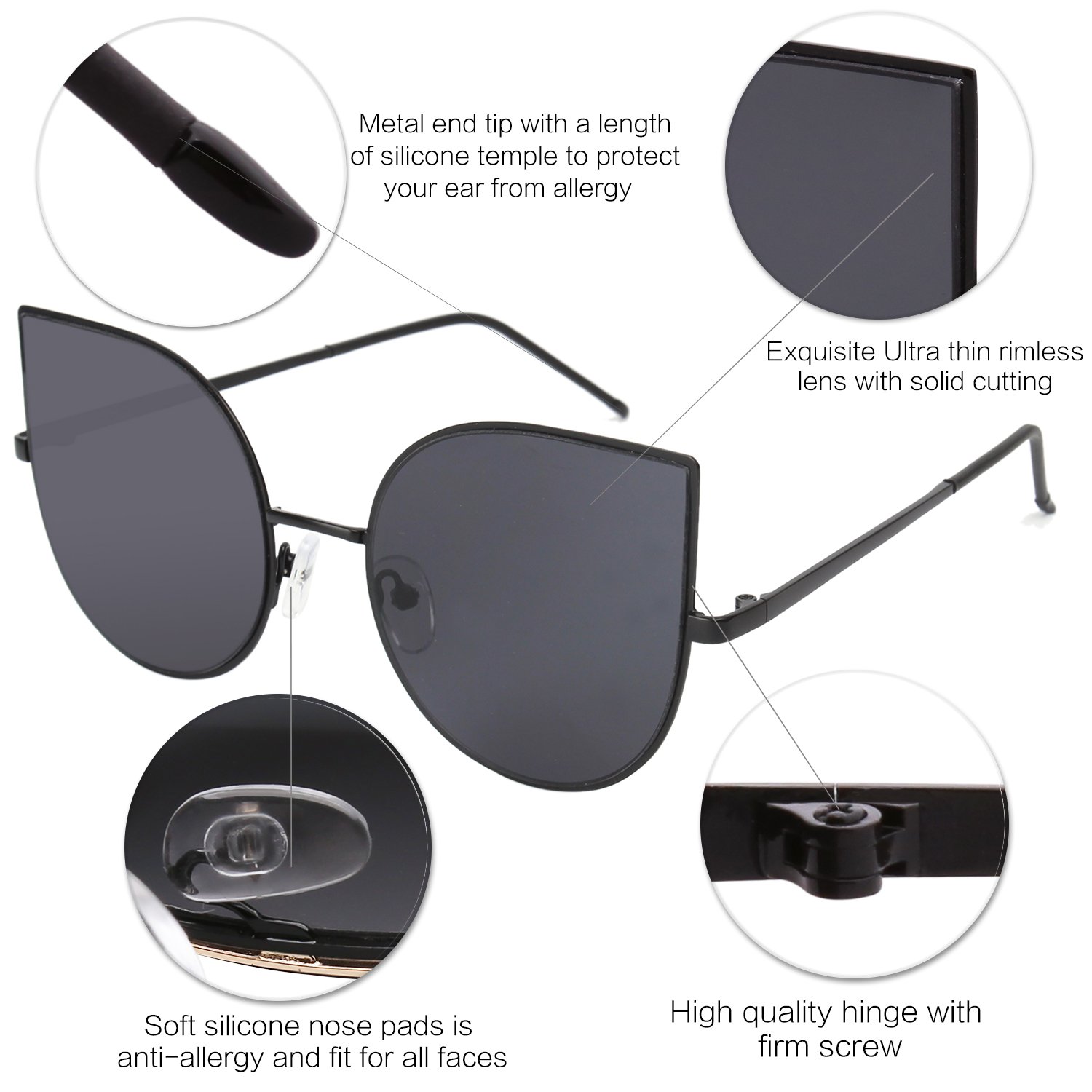 SOJOS Cat Eye Mirrored Flat Lenses Ultra Thin Light Metal Frame Women Sunglasses SJ1022 with Black Frame/Grey Lens