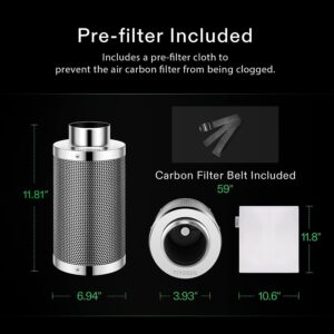 VIVOSUN 4 Inch Air Carbon Filter Smellines Control with Australia Virgin Charcoal for Inline Duct Fan, Grow Tent, Pre-filter Included, Reversible Flange 4" x 12"