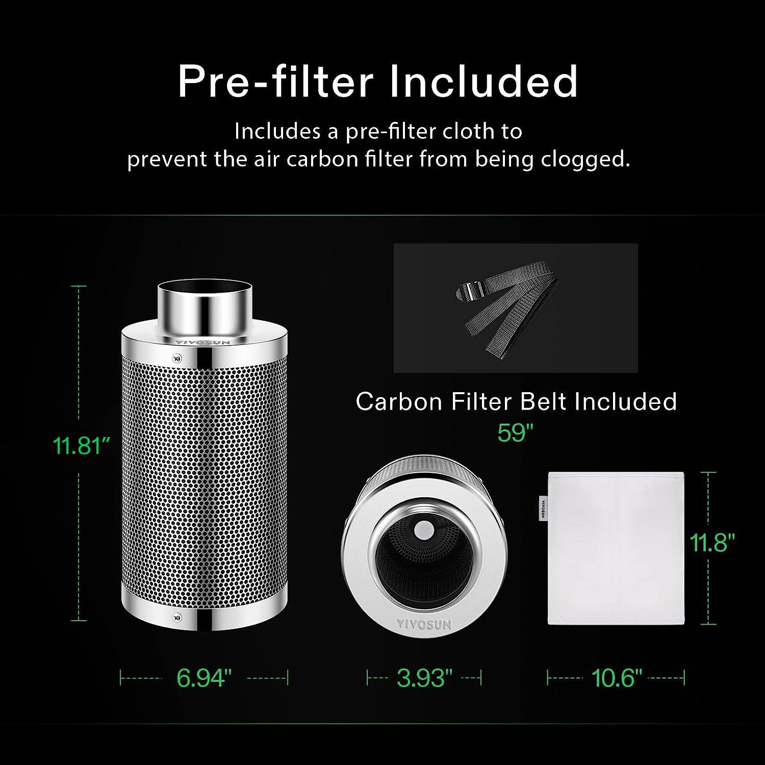 VIVOSUN 4 Inch Air Carbon Filter Smellines Control with Australia Virgin Charcoal for Inline Duct Fan, Grow Tent, Pre-filter Included, Reversible Flange 4" x 12"