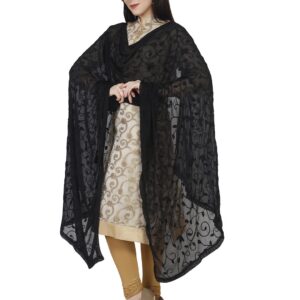 DUPATTA BAZAAR Woman's Embroidered Black Chiffon Dupatta with Lace Border