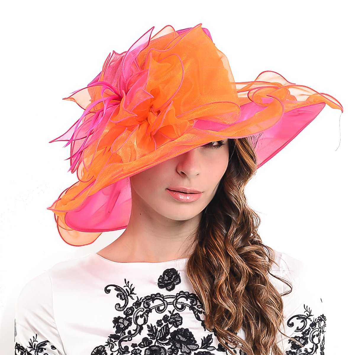 Ladies Kentucky Derby Church Hat Wide Brim Leaf Flower Bridal Dress Hat s037, Rose&orange, Medium