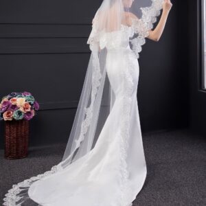 EllieHouse Chapel Length 2 Tier Sequin Lace Wedding Bridal Veil for Bride White