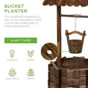 Best Choice Products Rustic Wooden Wishing Well Planter Outdoor Home Décor for Patio, Garden, Yard w/Hanging Bucket