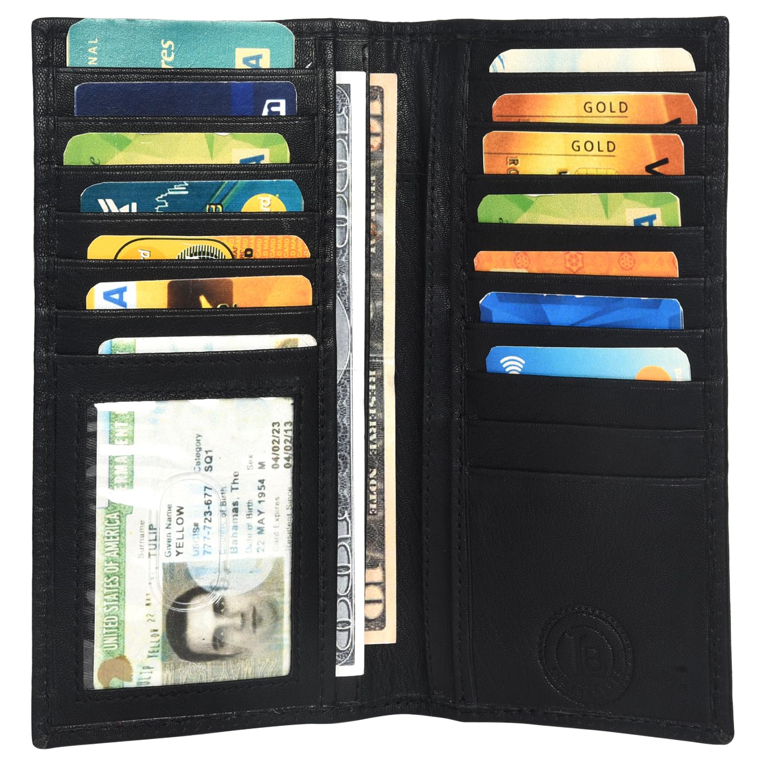 Leatherboss Men's Genuine Leather Long Bifold Wallet | Card Holder Clutch with 6 Card Slots, ID Window, Cash & Checkbook Compartment (Black)